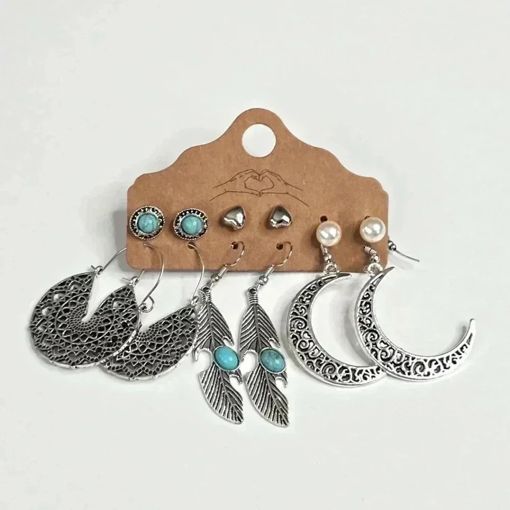 Moon Feather Silver Blue Earrings Six Hook Dangle Fashion Jewelry Boho JB2-29